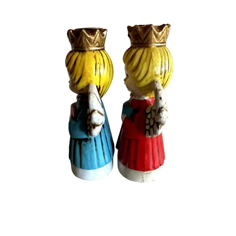Vintage 1970s Chalkware‎ Christmas Angels Candleholder Set of 2